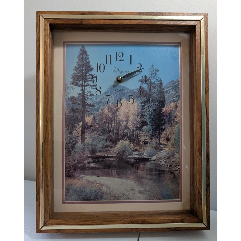 Vintage Ingraham Quartz Wall Clock Mountain Landscape Art Wood Frame 14 inch